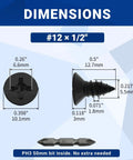 #12 x 1/2" dimensions of Badass Fifty Piece Kit Of Black 304 Stainless Steel Number 12 Flat Head Phillips Sheet Metal Screws.
