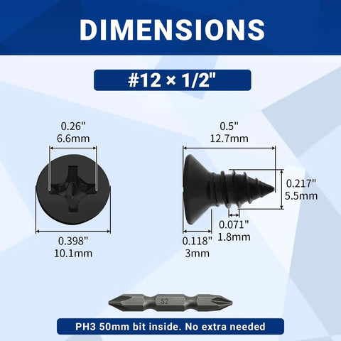 #12 x 1/2" dimensions of Badass Fifty Piece Kit Of Black 304 Stainless Steel Number 12 Flat Head Phillips Sheet Metal Screws.