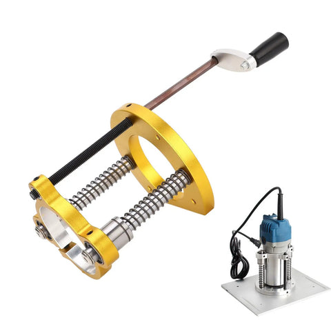 Heavy Duty Aluminum Router Table Lift System With Precision Handle Hassle Free Height Tuning For Woodworking Crews Fits 64 To 66 Millimeter Motors, showing lift mechanism and motor.