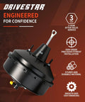 Heavy Duty Power Brake Booster For Cadillac Escalade Chevy Silverado Tahoe, black steel design, precise OEM-grade fit, upgrade for smooth braking.