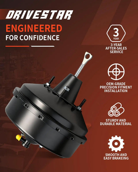 Heavy Duty Power Brake Booster For Cadillac Escalade Chevy Silverado Tahoe, black steel design, precise OEM-grade fit, upgrade for smooth braking.