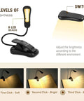 Clip-On Reading Light for Books in Bed, Car and Travel, 3000K Warm LED with three brightness modes illustration