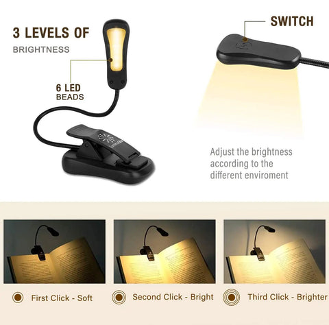 Clip-On Reading Light for Books in Bed, Car and Travel, 3000K Warm LED with three brightness modes illustration