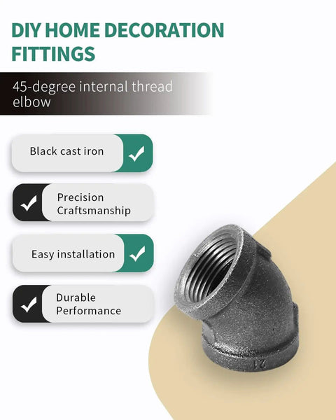 Black Cast Iron Half Inch 45 Degree Female Elbow Pipe Fitting Pack Of Four For DIY Steampunk Projects Industrial Shelving Brackets