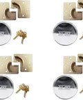 Four-Piece Hockey Puck Padlock Set With Beefed-Up Reinforced Hidden Shackle, Solid Steel Trailer Padlocks shown with keys.