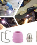 Premium Plasma Cutter Torch Consumables Kit With 10 Contact Tips And 10 Electrodes showcasing torch tips, electrodes, and operating tools.