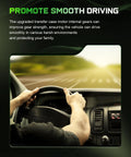 Driver holding steering wheel with blurred road, promoting smooth driving with upgraded transfer case motor internal gears.