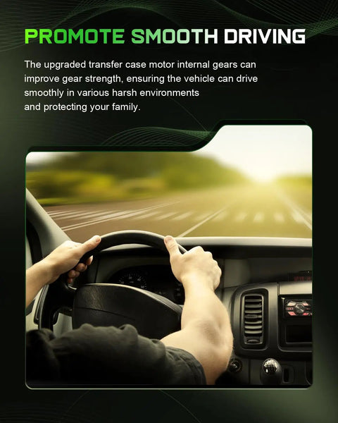 Driver holding steering wheel with blurred road, promoting smooth driving with upgraded transfer case motor internal gears.