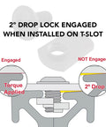 Diagram showing Heavy Duty 15 Series Bolt Assembly Kit with 5/16-18 screws and T-slot hardware engaged in a 2-degree drop lock.