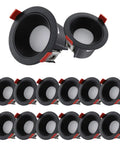 14 Pack Fresh Look Led Recessed Downlights With 3 Cct Selectable Cozy To Crisp Brights, CRI 98 Full Spectrum Anti Glare Trim, Rugged Aluminum Housing, No Sweat Setup Retrofit Ceiling Fixtures, showing multiple downlights in black with red clips.
