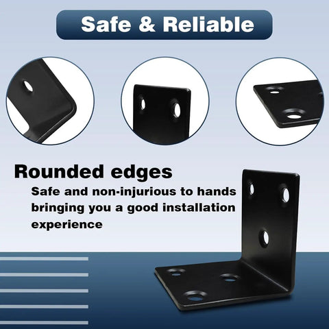 No Fuss Heavy Duty 25 Pack 1.5 Inch L Brackets featuring 2mm thick black stainless steel with rounded edges for safe installation.