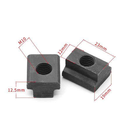 Premium Quality Heavy Duty M10 T Slot Nuts 3/8 Inch Thread Black Oxide Coated 5 Piece Set showing dimensions of two sliding fasteners.