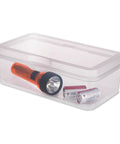 Six Pack Large Clear Plastic Storage Box With Hinged Lid, Stackable Multipurpose Organizer with a flashlight inside