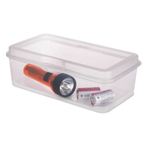 Six Pack Large Clear Plastic Storage Box With Hinged Lid, Stackable Multipurpose Organizer with a flashlight inside