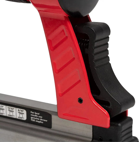 Close-up of handle on Oil Free Pneumatic Staple Gun for wood upholstery carpet and wire fencing fits one quarter inch through nine sixteenth inch staples.