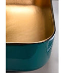 Slick Above Counter Vessel Sink For Modern Bathroom Vanity, green and gold porcelain ceramic basin, 420mm x 420mm x 130mm.