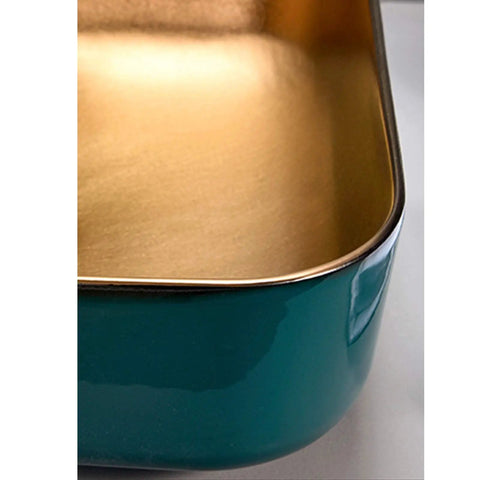 Slick Above Counter Vessel Sink For Modern Bathroom Vanity, green and gold porcelain ceramic basin, 420mm x 420mm x 130mm.