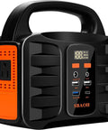 Go To Portable 150W Power Station with 155Wh battery, USB ports, AC/DC outputs, black and orange design, side controls
