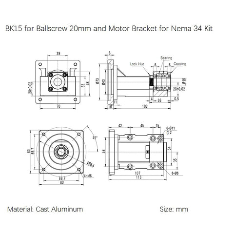 Technical drawing of BK15 for SFU2005 50 Inch Ball Screw Kit with Anti Backlash Nut 20mm Linear Motion Screws Set