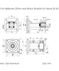 Pro Grade 98.43 Inch Ball Screw Kit With Anti Backlash Nut For CNC Machines Heavy Duty 2500mm Lead Screw 20mm Linear Motion Includes Nut Housing BK15 Fixed Block BF15 Floating End Coupler And Nema 34 Motor Mount technical drawing, cast aluminum