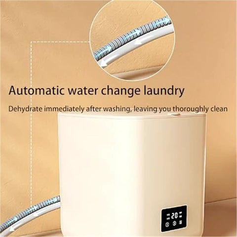 Hassle Free 7L Portable Washer Dryer with automatic water change feature and digital control panel for easy use.
