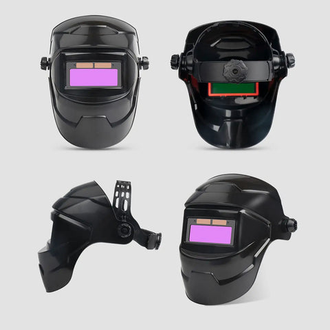 Front and side views of Solar Powered Auto Darkening Welding Helmet With 180 Degree Adjustable Shield LCD Lens Clear View.