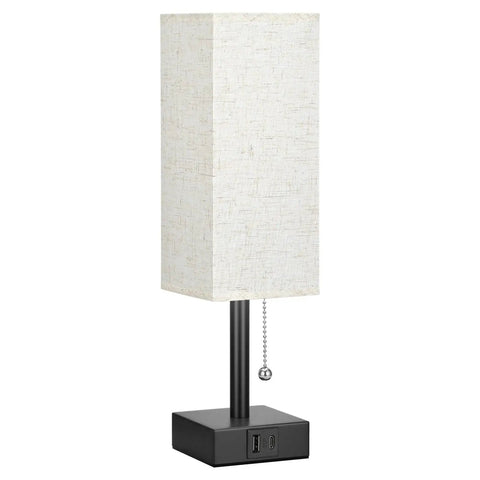 Cozy Bedside Table Lamp With 3 Color Temperatures 3000K 4000K 5000K, USB C And USB A Ports, beige shade, black base, pull chain