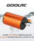 Waterproof 3660 3800KV Brushless Motor in water spray for 1x10 RC cars and trucks showing durable build.