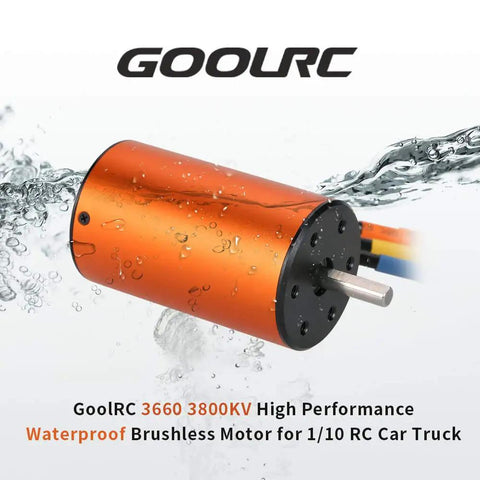 Waterproof 3660 3800KV Brushless Motor in water spray for 1x10 RC cars and trucks showing durable build.