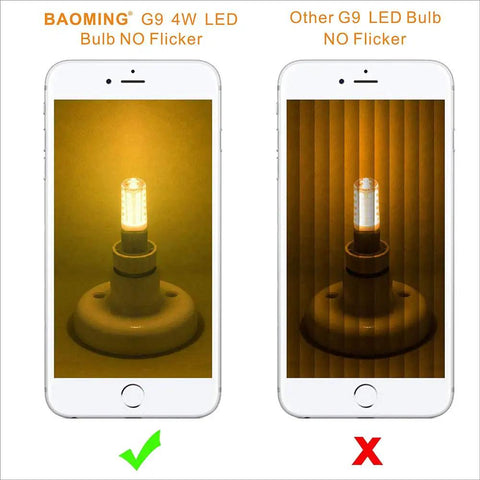 Comparison of G9 LED Bulb Dimmable T4 Base 2700K Soft White 4W 450Lm 120V AC No Flicker and flickering bulb
