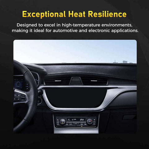 Dashboard of a car with text overlay 'Exceptional Heat Resilience' highlighting high-temperature performance for automotive use