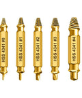 Five-Piece Double-Ended Screw Extractor And Drill Bit Set, 2mm To 14mm, Gold titanium coated, labeled sizes 0# to 4#