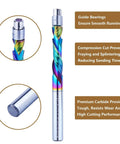 Premium DLC Coated Carbide Router Bits Featuring Guide Bearing Six Millimeter Shank Dual Flute Spiral Profile Flush Trim Woodworking Accessory showing guide bearing and compression cut design.