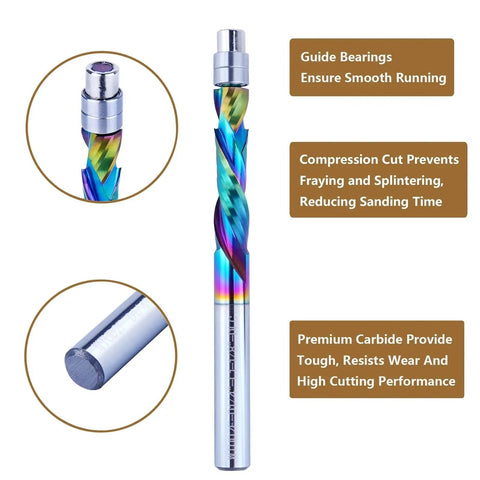 Premium DLC Coated Carbide Router Bits Featuring Guide Bearing Six Millimeter Shank Dual Flute Spiral Profile Flush Trim Woodworking Accessory showing guide bearing and compression cut design.