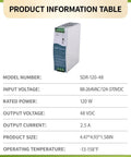 Industrial Grade DIN Rail Power Supply 120W 48V 2 5A Heavy Duty Switching Adapter on green background with product details.