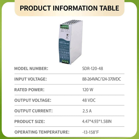 Industrial Grade DIN Rail Power Supply 120W 48V 2 5A Heavy Duty Switching Adapter on green background with product details.