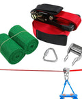 Backyard Zip Line Kit For Teens And Kids, Heavy Duty Outdoor Zip Line Set For Balance And Fun, Perfect For Yard, Park, Beach Or Camping, Supports Up To 250 Pound Weight Capacity, includes red strap, carabiner, and pulley system, with green protective pads.