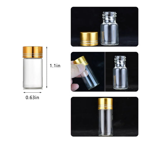 Four Pack Tiny Glass Jars With Lids 2ml Mini Vials Clear Small Bottles With Screw Caps shown in various angles.