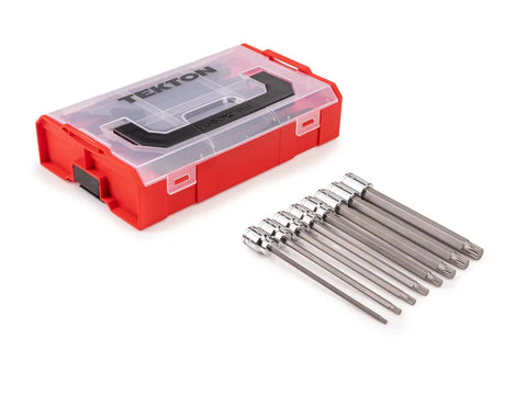Three Eighths Inch Drive Torx Socket Set With 24 Pieces Including Torx And Tamper Resistant Torx Sockets T10 To T60 And TR10 To TR60 In S2 Steel Case displayed with case and sockets