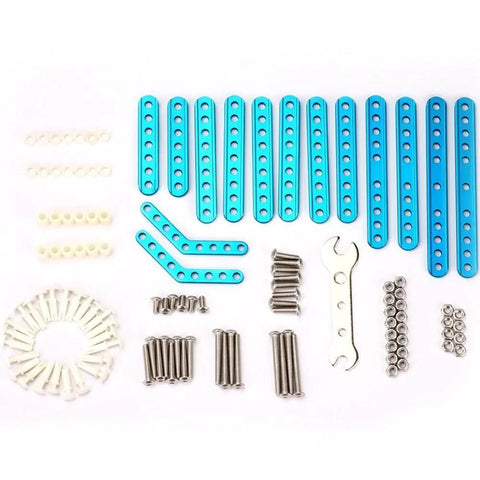 Totally Six Legged Robot Add On Pack For mBot blue aluminum parts kit with screws, nuts, and wrench on white background