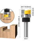 No Fuss 8MM Shank Router Bit For Template Trimming And Hinge Mortising Rock Solid Anti Kickback Design, showing measurements and details.
