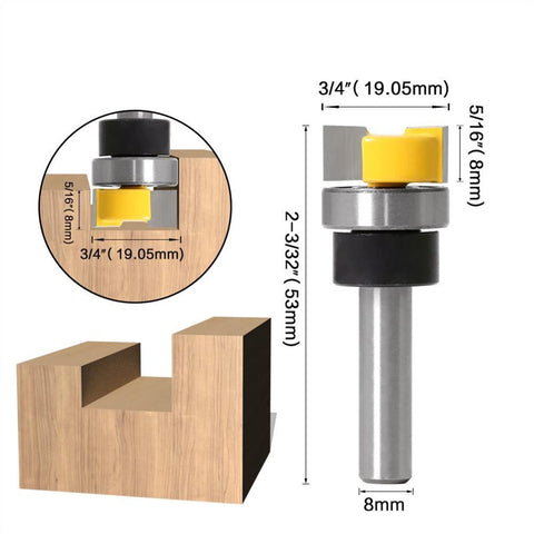 No Fuss 8MM Shank Router Bit For Template Trimming And Hinge Mortising Rock Solid Anti Kickback Design, showing measurements and details.