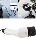 Premium Electric Vehicle Charging Adapter 3 Phase 32 Amp 22 Kilowatt Female Socket Receptacle for Type 2 Phev and BEv Cars connected to a charging station.