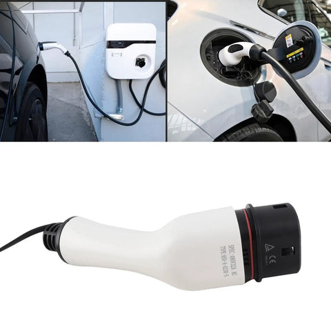 Premium Electric Vehicle Charging Adapter 3 Phase 32 Amp 22 Kilowatt Female Socket Receptacle for Type 2 Phev and BEv Cars connected to a charging station.
