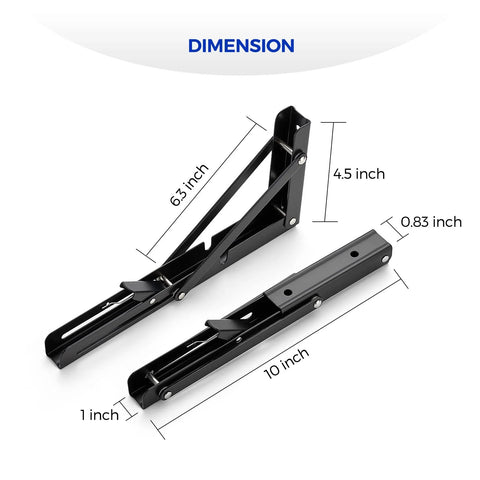 10 Inch Folding Shelf Brackets Set Of 2 Matte Black Heavy Duty Stainless Steel Triangular Design with dimensions