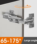 Large Angle Hydraulic Soft Close Door Hinge 165 Degree For Cabinets And Furniture, shown on cabinet door.