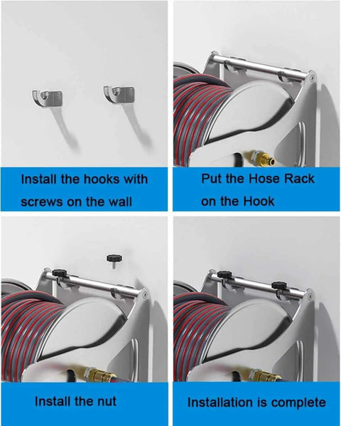 Installation steps for Built Tough Stainless Steel Garden Hose Reel With 98 Foot Retractable Tube: mounting hooks and setup.