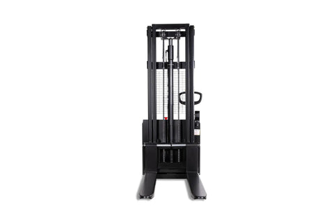 Heavy Duty Electric Pallet Stacker Delivers Rock Solid Performance With A 3300 Pound Capacity And 118 Inch Lift Height, front view.
