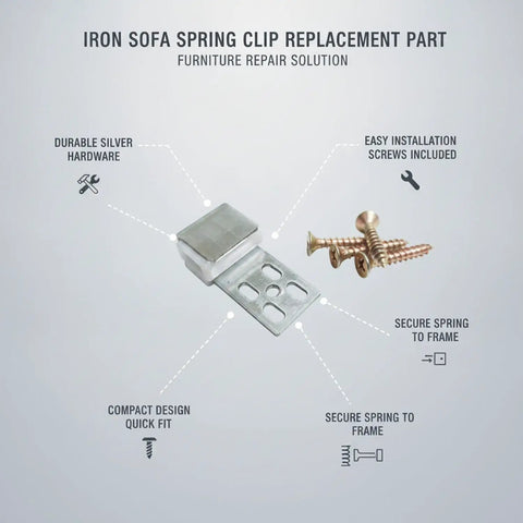 Heavy Duty Iron Sofa Spring Clip Connector For Reattaching Loose Coil Springs To Frame Rails Durable silver clip with screws for easy installation.