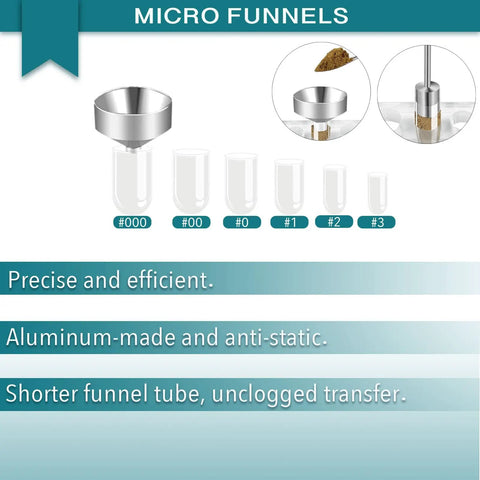 Micro funnels and capsules shown, part of Filling Tool Kit For Home And Lab Use With Micro Funnels And Lab Scoops, Complete Set For Precise Material Transfer.